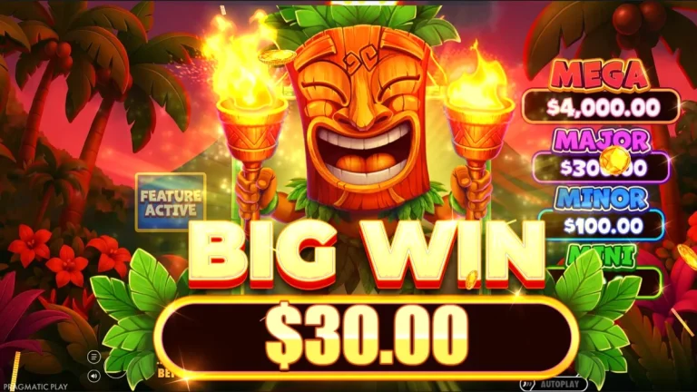 Tampilan visual slot Super Tiki Strike dengan latar belakang gunung berapi dan grid 3x3.